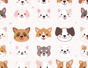 Obraz premium A charming seamless pattern featuring various adorable dog faces in a playful and stylized kawaii illustration style, set against a light background.