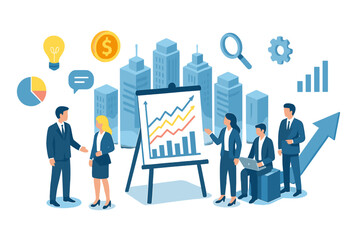 Business professionals discussing growth strategies in an urban setting with charts and data representations