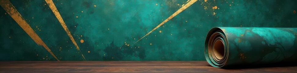 Geometric wallpaper rolls, bold teal and gold accents on dark wood, teal, luxury