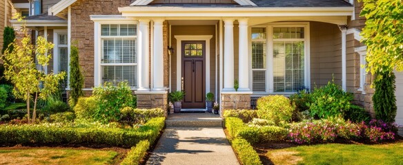 The Beautiful Front Entrance of a Cozy Family Home With Lush Landscaping