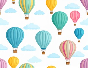 A delightful seamless pattern featuring colorful hot air balloons floating amidst fluffy white clouds, rendered in a bright and cheerful vector illustration style.