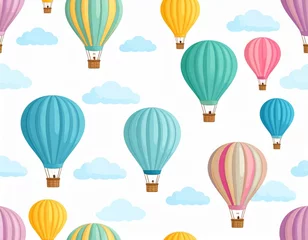 Poster A delightful seamless pattern featuring colorful hot air balloons floating amidst fluffy white clouds, rendered in a bright and cheerful vector illustration style.