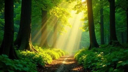 Naklejka premium Golden sunlight filters through lush green canopy, illuminating forest floor , forest, sunbeams