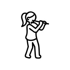 Young Woman Playing Flute Line Art Illustration Black White Handmade Simple Design Girl Music Instrument