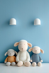 Three plush sheep toys in colorful sweaters sitting against a blue wall under modern white lights, creating a cozy and playful nursery vibe