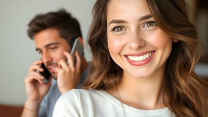 Happy young woman smiling confidently and man uses smartphone in background
