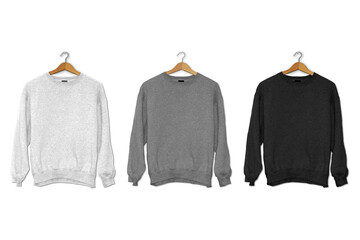 A grey, black and white knitted  jumper hanging on wooden hanger mockup. 3d rendering