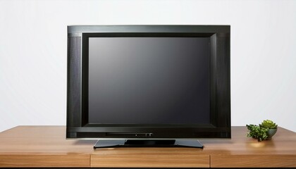 Flat-screen television on wood stand