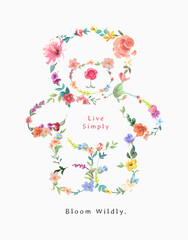 colorful flowers in bear doll shape vector illustration