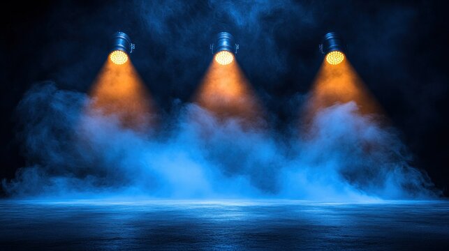 Empty stage lit by three spotlights, smoky blue
