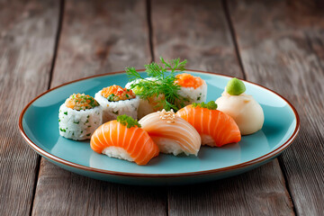 Assorted sushi with salmon, white fish and sushi rolls garnished with herbs, served on a blue plate over rustic wooden background