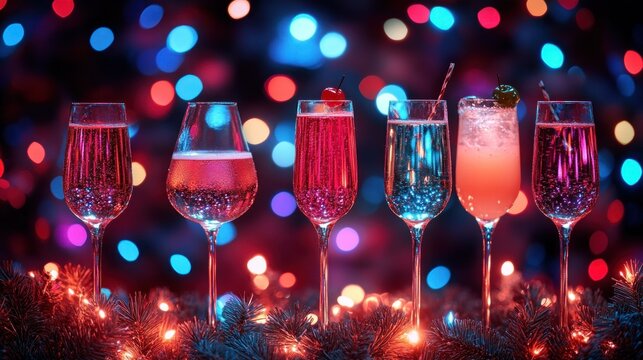 Festive cocktails in illuminated glasses