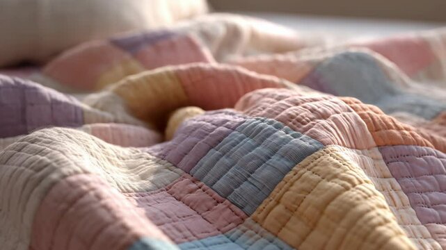 Close-up of a soft pastel colored patchwork quilt with delicate stitching details