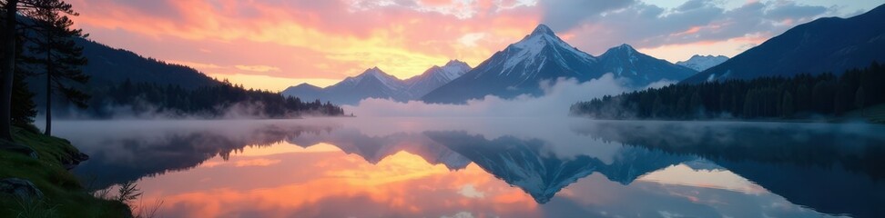 Obraz premium Misty dawn, still lake reflects sunrise on mountain peaks, seen from tent , morning, beautiful