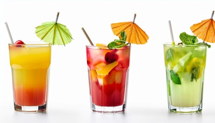 Trio of fruit cocktails with paper umbrellas