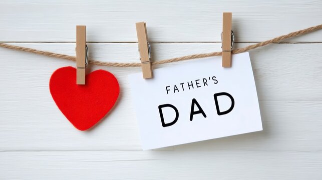Fathers day message with paper heart hanging with pins over light wooden board. Happy Birthday. A heartfelt greeting for a beloved dad a charming craft depicting affection a delightful