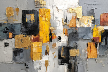 Abstract textured artistic geometric oil painting in black, grey and gold tones in boho style using palette knife
