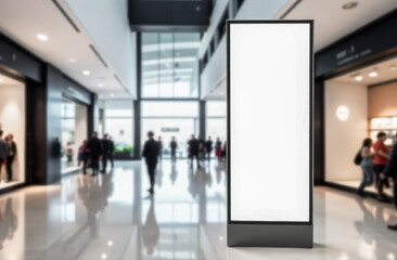 A mock-up of an advertising banner with a white blank screen in a shopping mall against a blurry background of people walking. a place for advertising. empty space for text. supermarket billboard