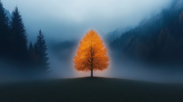 Lonely orange tree in misty forest