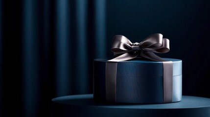 Two luxury gift packages adorned with a bow on a dark blue background. Monochrome side view. Present for him. Corporate gifting idea or birthday celebration. Promotional sale with space
