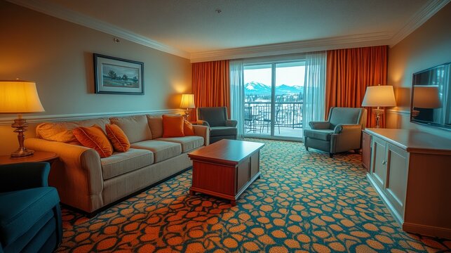 Luxurious hotel suite with mountain view