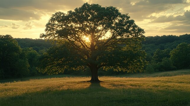 Majestic oak tree at sunset