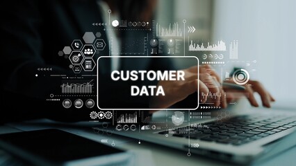 Professional Hands Typing on Laptop with Customer Data Graphics and Analytics Overlay in Modern Office Setting. Asymptotic smart data analytic.