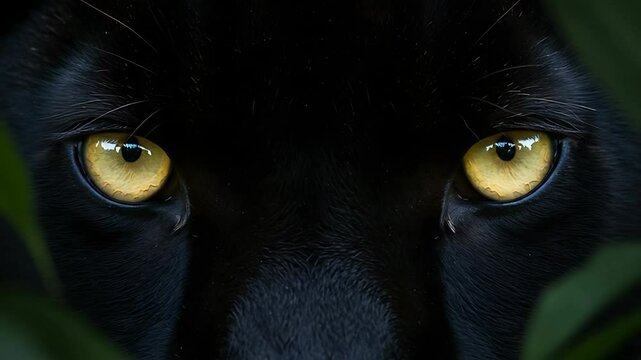 Mysterious Gaze: Captivating Close-Up of Black Panther Eyes in Lush Greenery Habitat