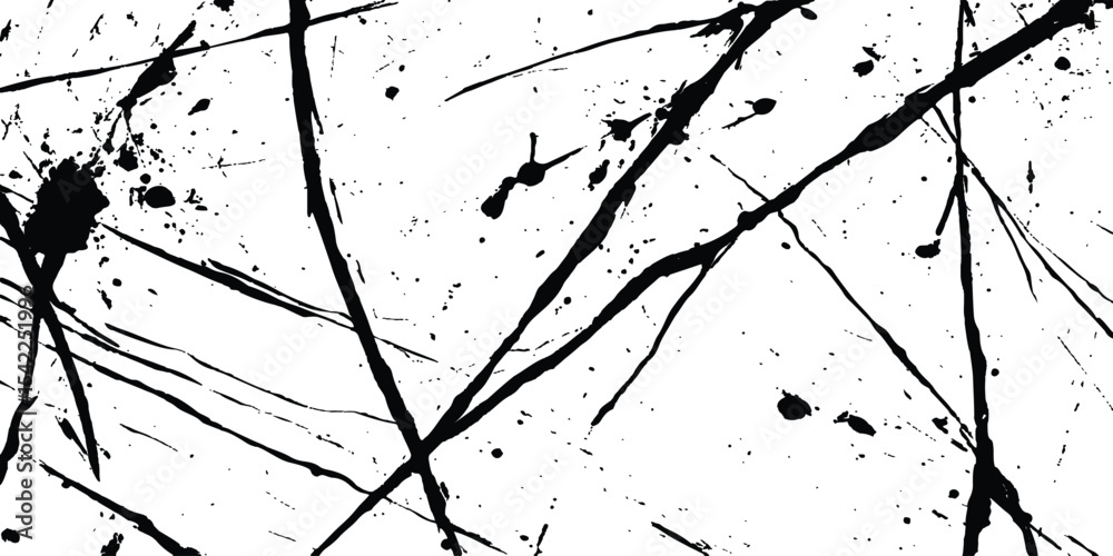 Poster Abstract grunge splatter line pattern on white and transparent background. Abstract ink splatter pattern on a white background. Intricate designs of lines and dots in various sizes, creating a dynamic