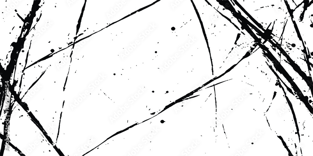 Poster Abstract grunge splatter line pattern on white and transparent background. Abstract ink splatter pattern on a white background. Intricate designs of lines and dots in various sizes, creating a dynamic