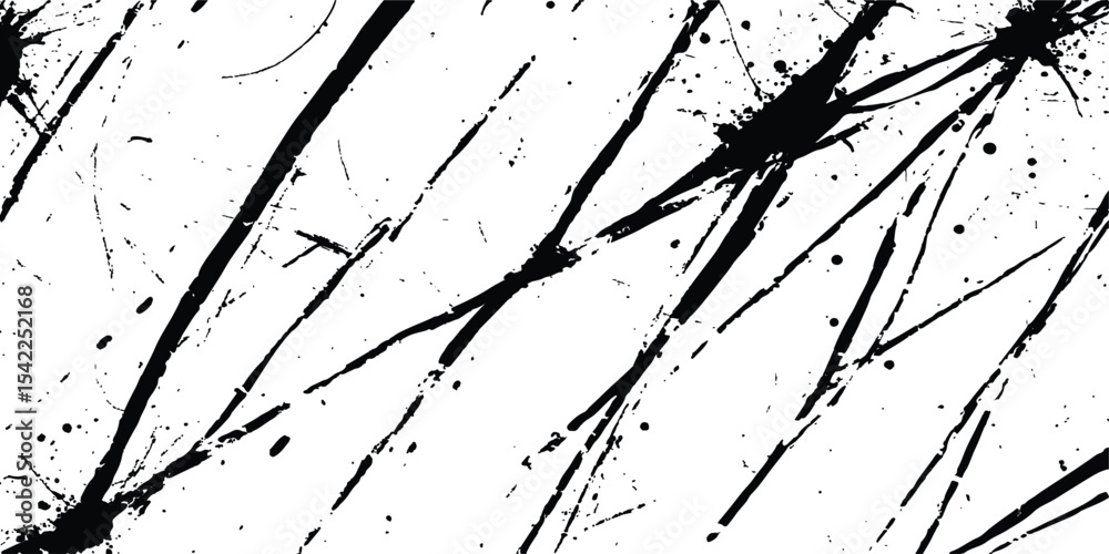 Poster Abstract grunge splatter line pattern on white and transparent background. Abstract ink splatter pattern on a white background. Intricate designs of lines and dots in various sizes, creating a dynamic