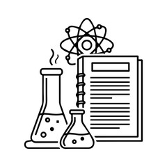 Science themed sketch flasks molecule and notes displayed in a black and white line art illustration
