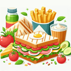 Sandwich with tomatoes avocado ham  fried egg paired with fries sauce  juice