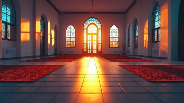 Mosque interior, sunlight streams through stained-glass windows