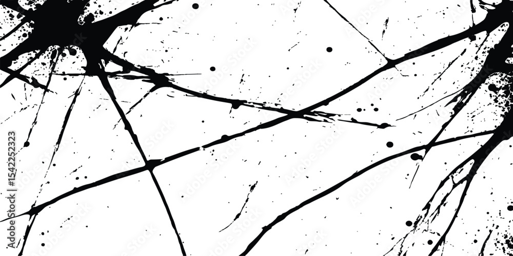 Poster Abstract grunge splatter line pattern on white and transparent background. Abstract ink splatter pattern on a white background. Intricate designs of lines and dots in various sizes, creating a dynamic