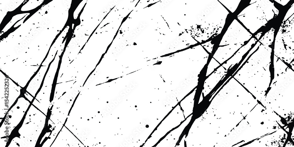 Poster Abstract grunge splatter line pattern on white and transparent background. Abstract ink splatter pattern on a white background. Intricate designs of lines and dots in various sizes, creating a dynamic