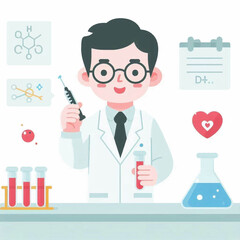 Scientist with syringe and test tube surrounded by chemical illustrations calendar heart and other science equipment