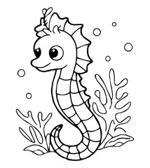 Seahorse cartoon with coral bubbles and scalloped fin