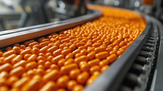 Orange pills on a conveyor belt in a factory