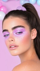 Elegant glitter makeup portrait with pastel background for fashion and beauty trends