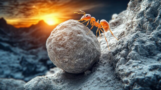Orange ant pushes a rock at sunrise