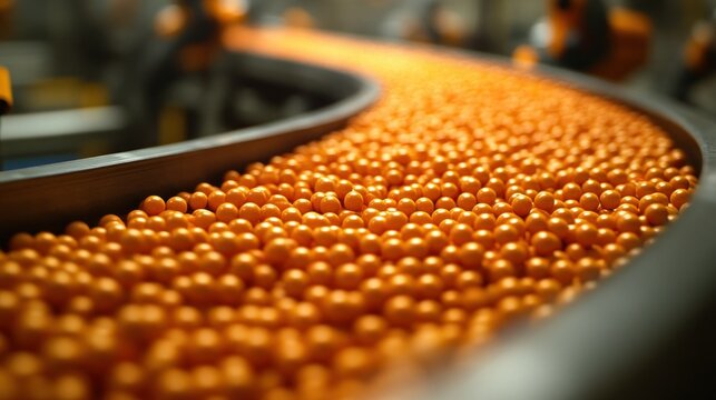 Orange spheres on a curving conveyor belt