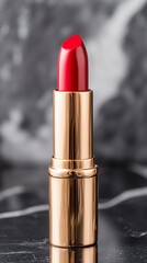 Elegant red lipstick on marble surface for beauty and fashion concepts