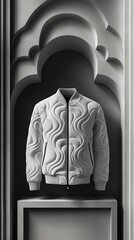 Modern white quilted bomber jacket in arched architectural niche setting