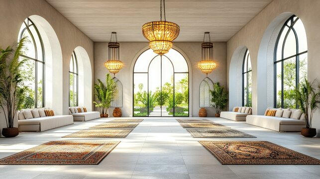 Spacious, light-filled, arched-windowed hall