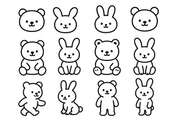Cute bear and bunny line art collection with simple design