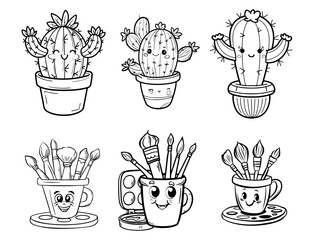Six cartoonstyle drawings 3 cacti in pots and 3 cups with paintbrushes All are black and white line art