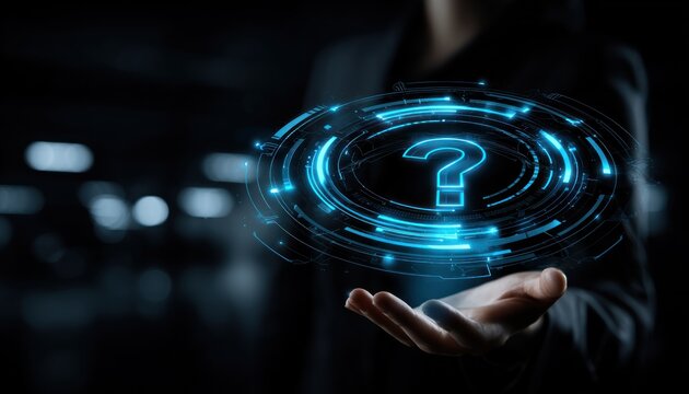 Person holding a holographic question mark
