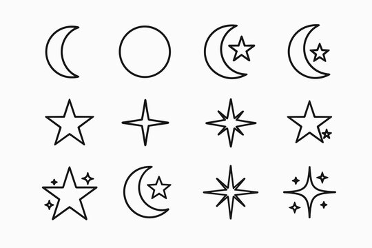 Simple moon star icons collection: crescent, circle, and star variations