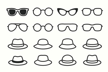 Stylish collection of sunglasses and hats in various shapes and designs